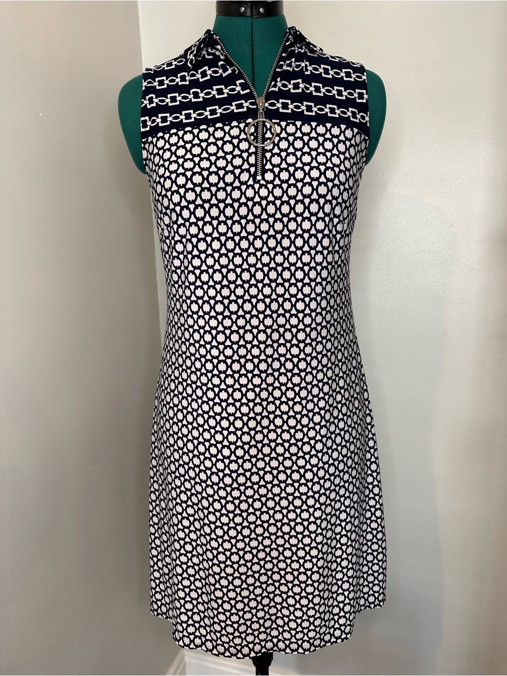 MSK Navy & White Sleeveless Zip-Front Ponte A-Line Mini Dress
